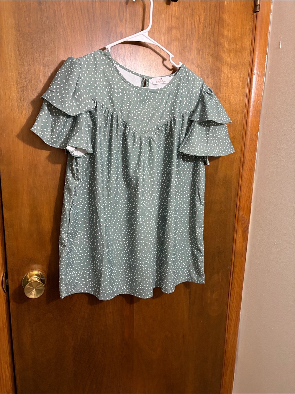Posh Boutique Ruffle Sleeve Polka Dot Blouse in Sage Green